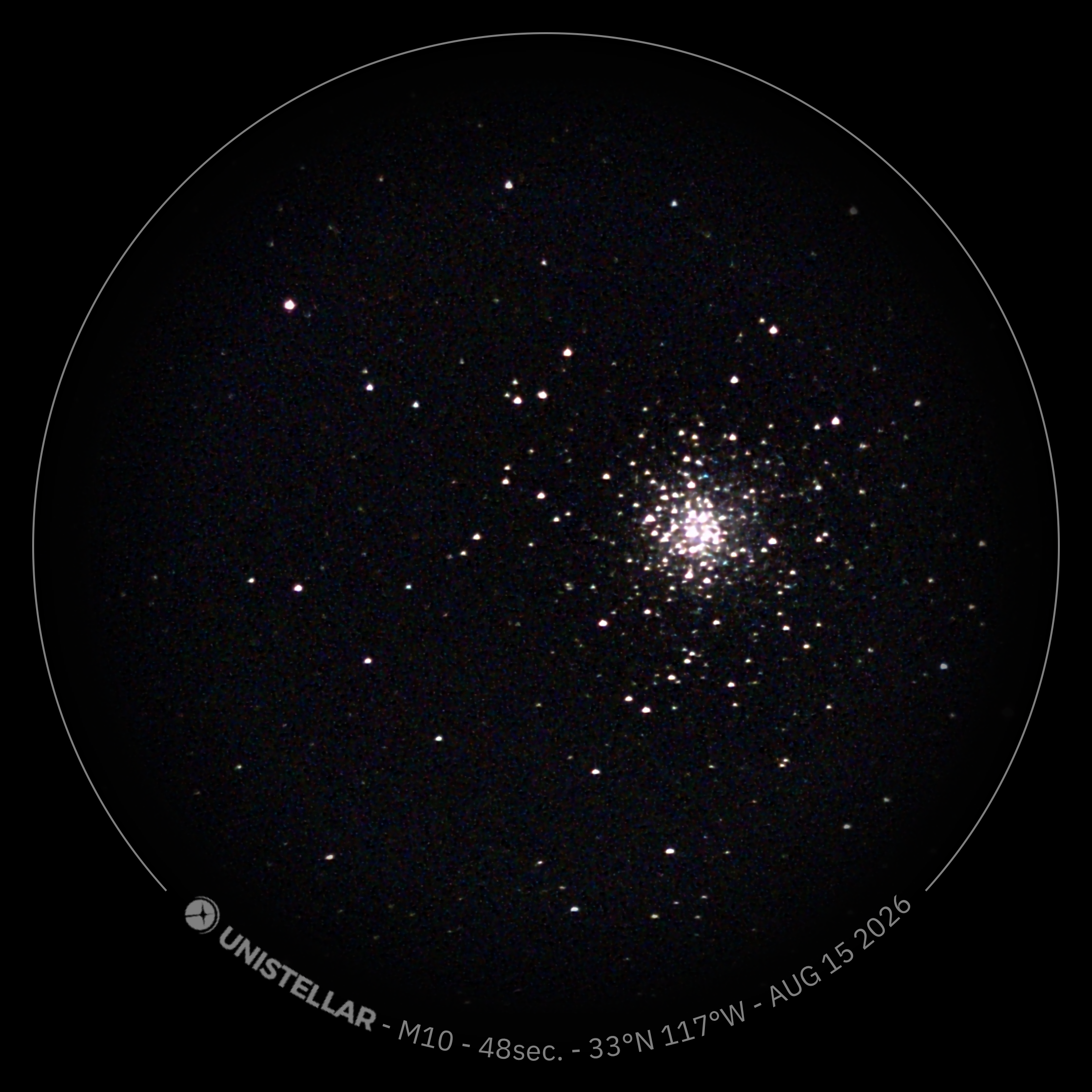 The globular cluster M10 captured with a Unistellar eVscope during the Julian stargazing party, 48-second exposure on Aug 15 2026
