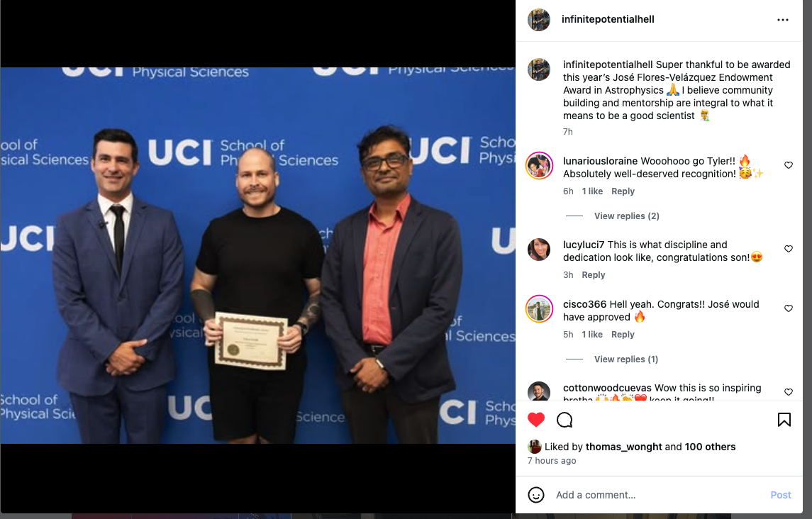 Tyler Smith receiving the José Flores-Velázquez Endowment Award in Astrophysics at UCI